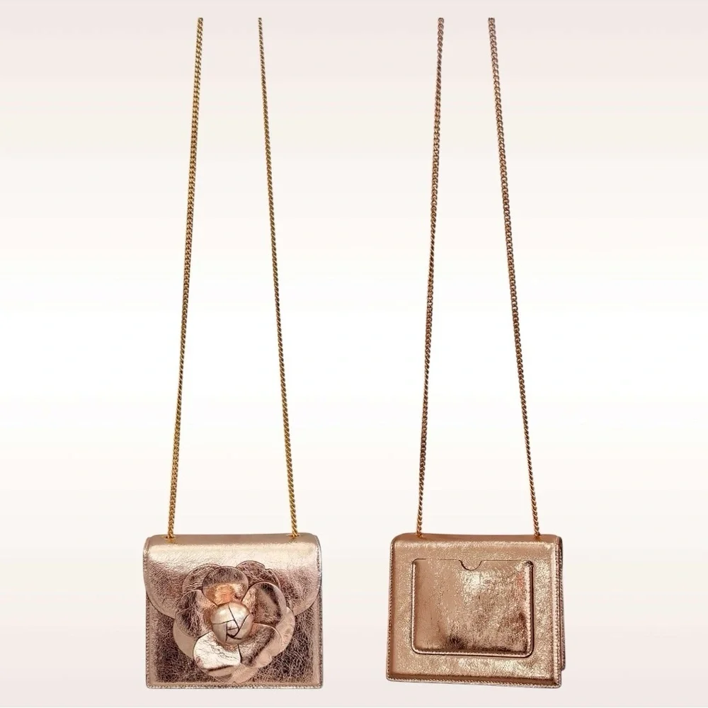 Oscar de la Renta Tro Rose Gold Metallic Crinkle Leather Mini Chain Shoulder Bag